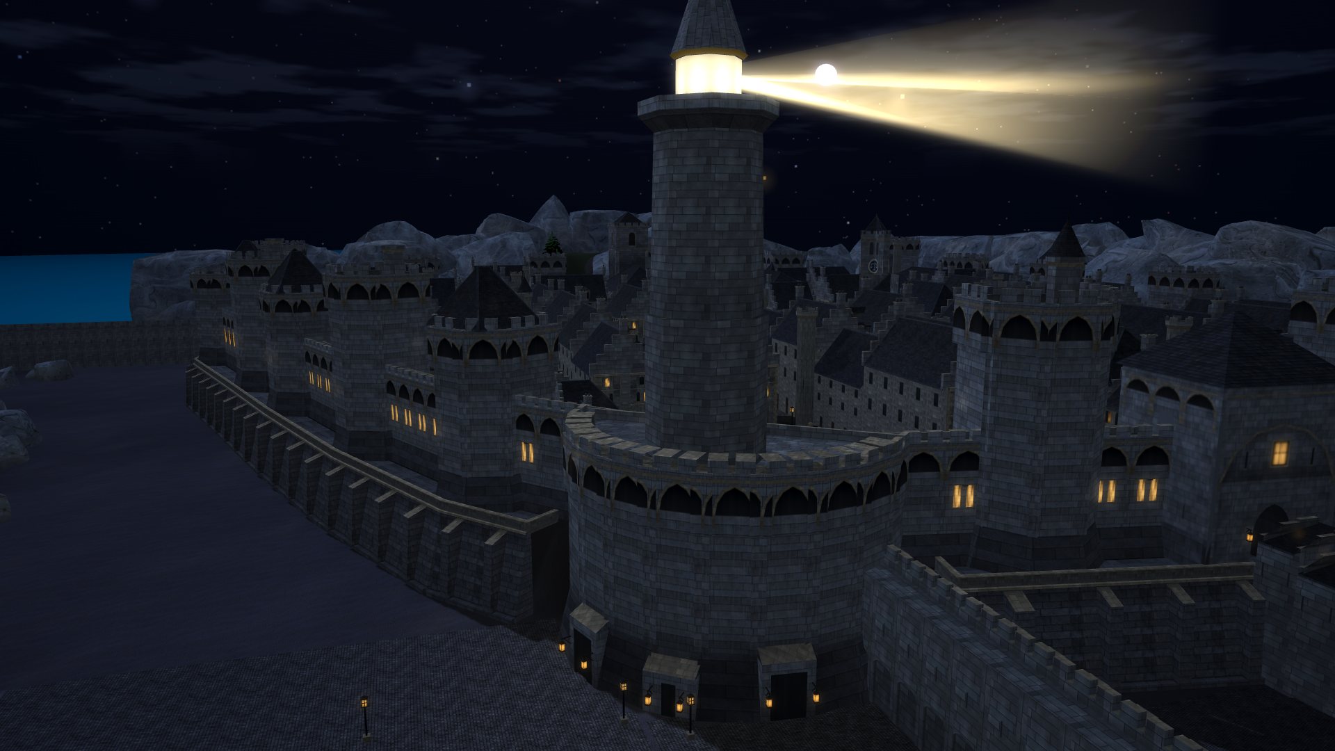 Caerdun's lighthouse after dark.