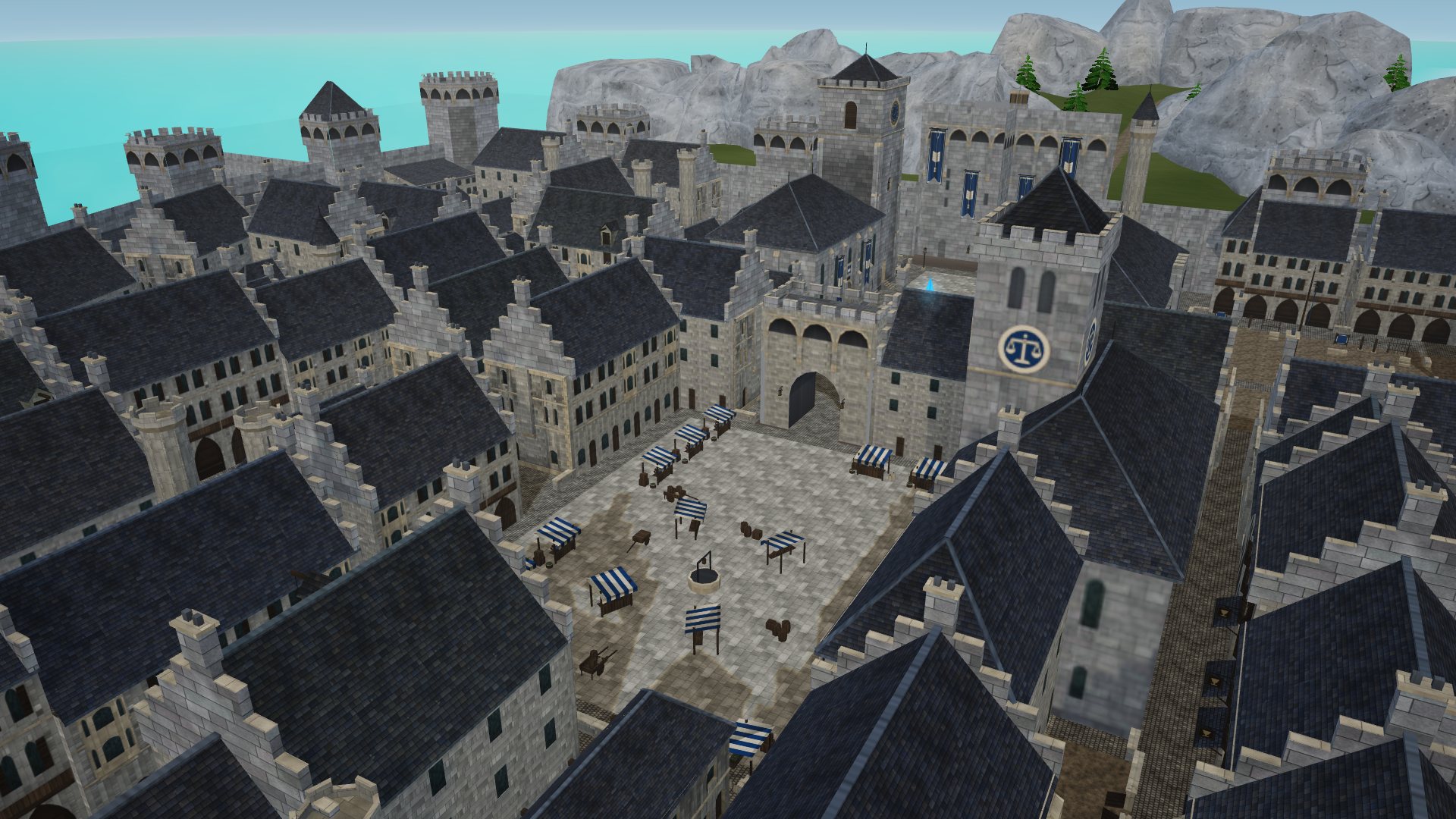 Slate roofs and stepped gables inside Caerdun's walls.