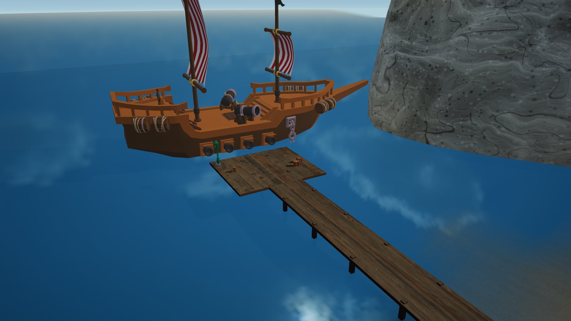 The gulf ferry at its landing in the Caerdun Fields.