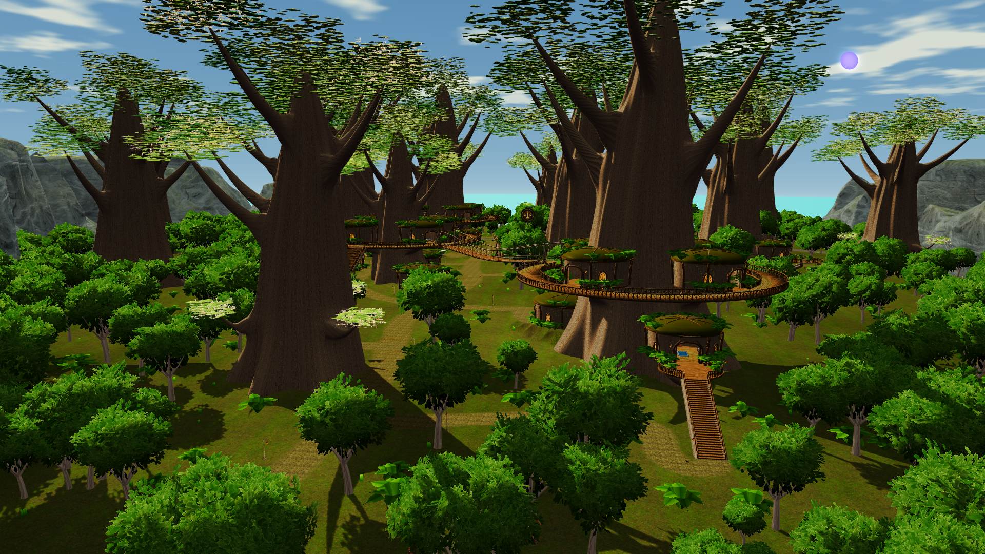 Heartwood's homes and bridges among the trees.