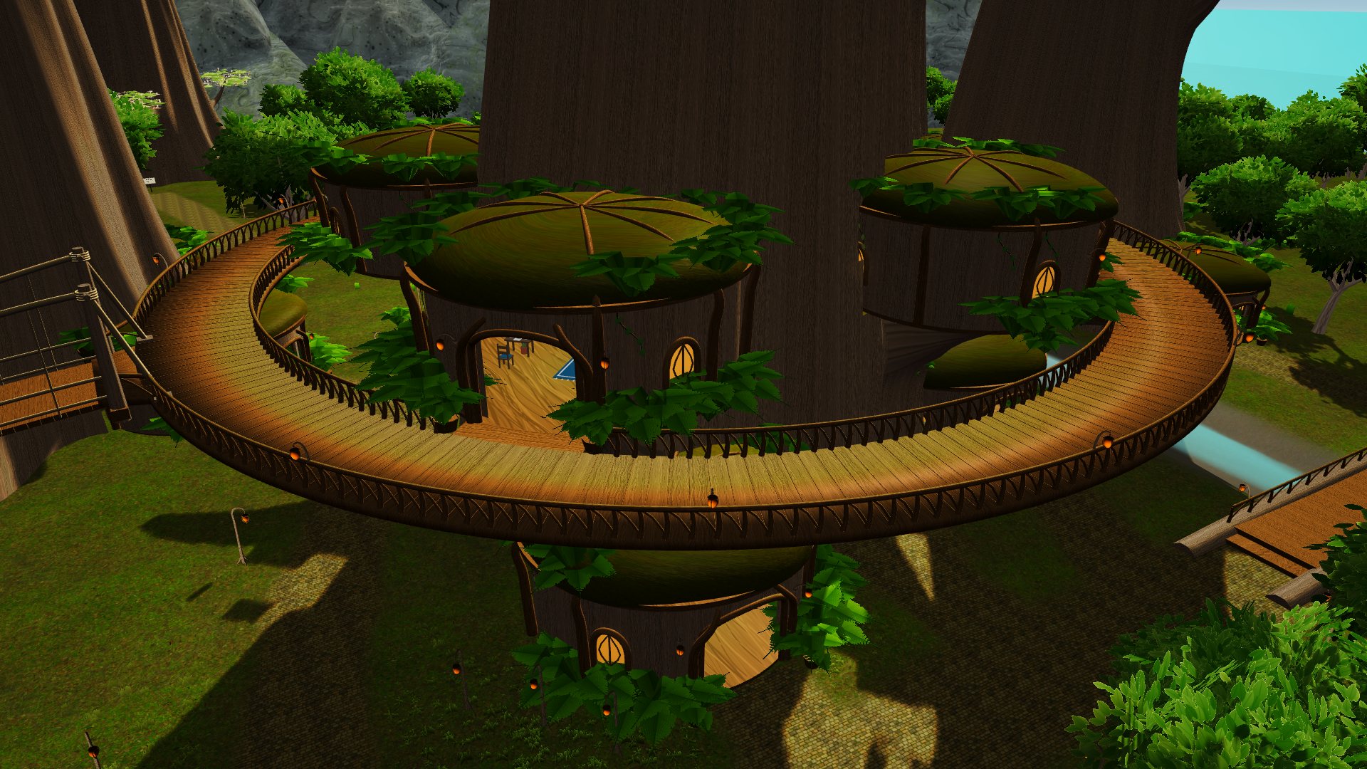 Round platforms and rope bridges high in the trunks.