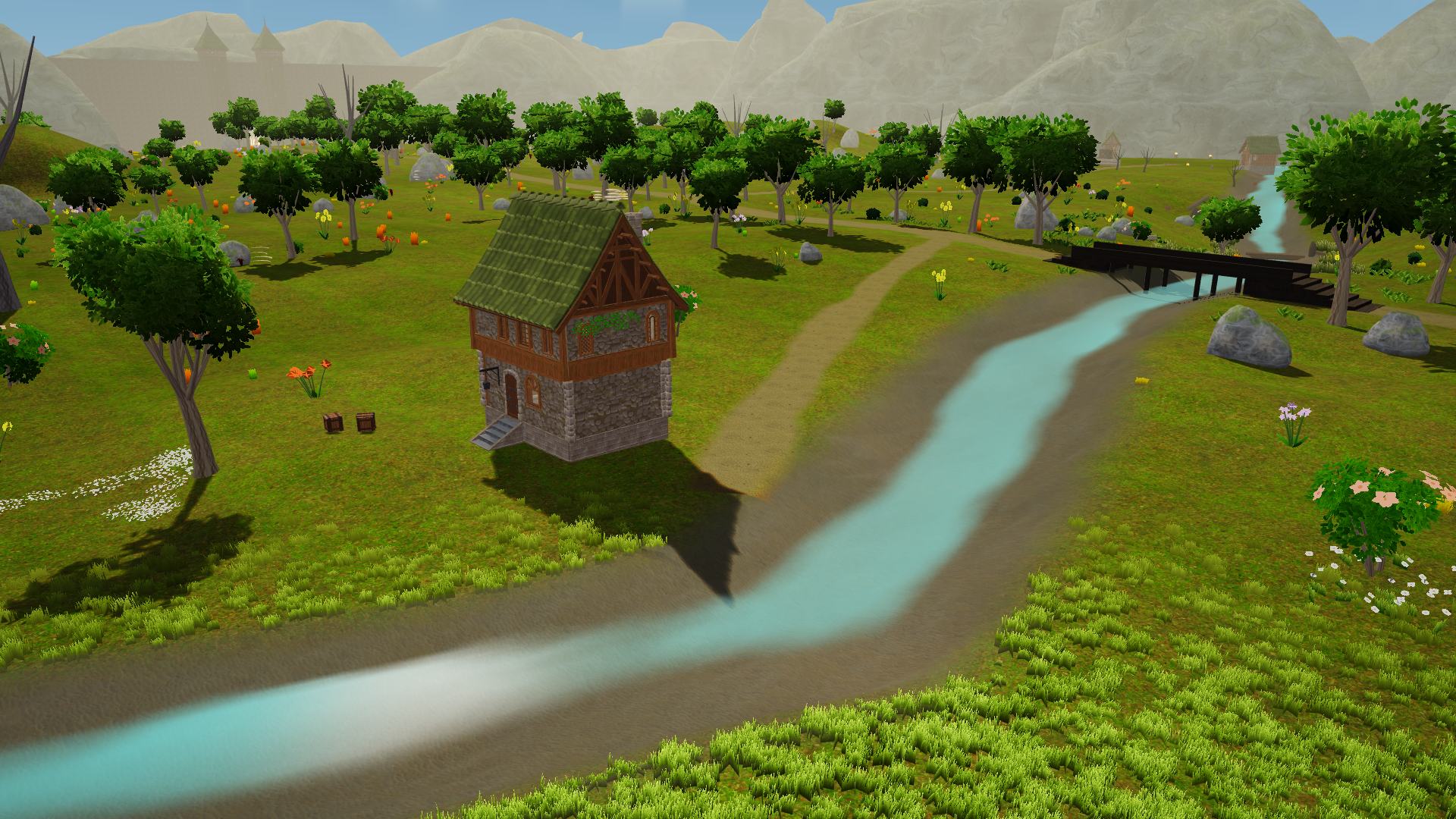A brook winds past a farmstead in the Heartwood Fields.