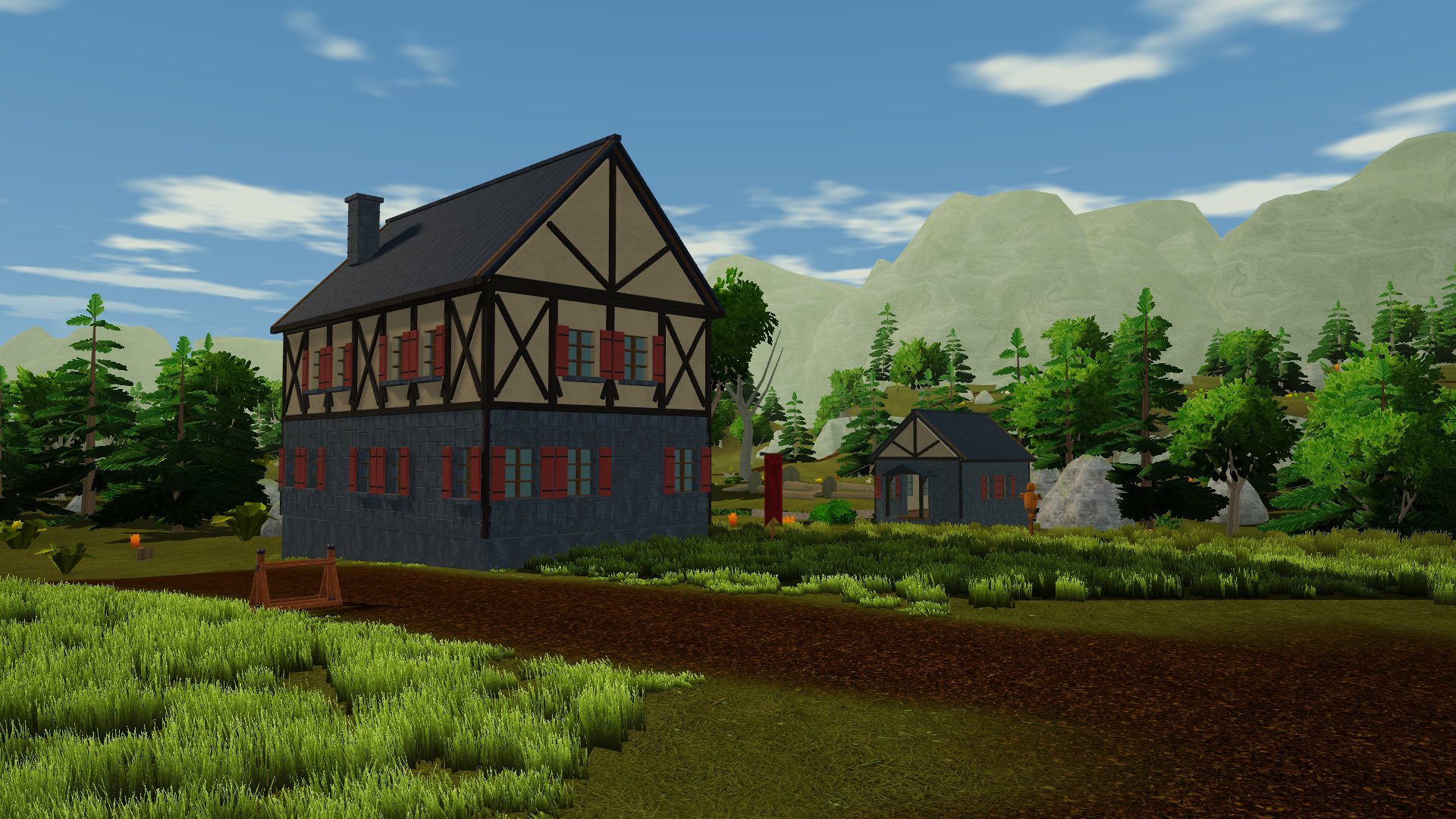 A timbered lodge in the forest.