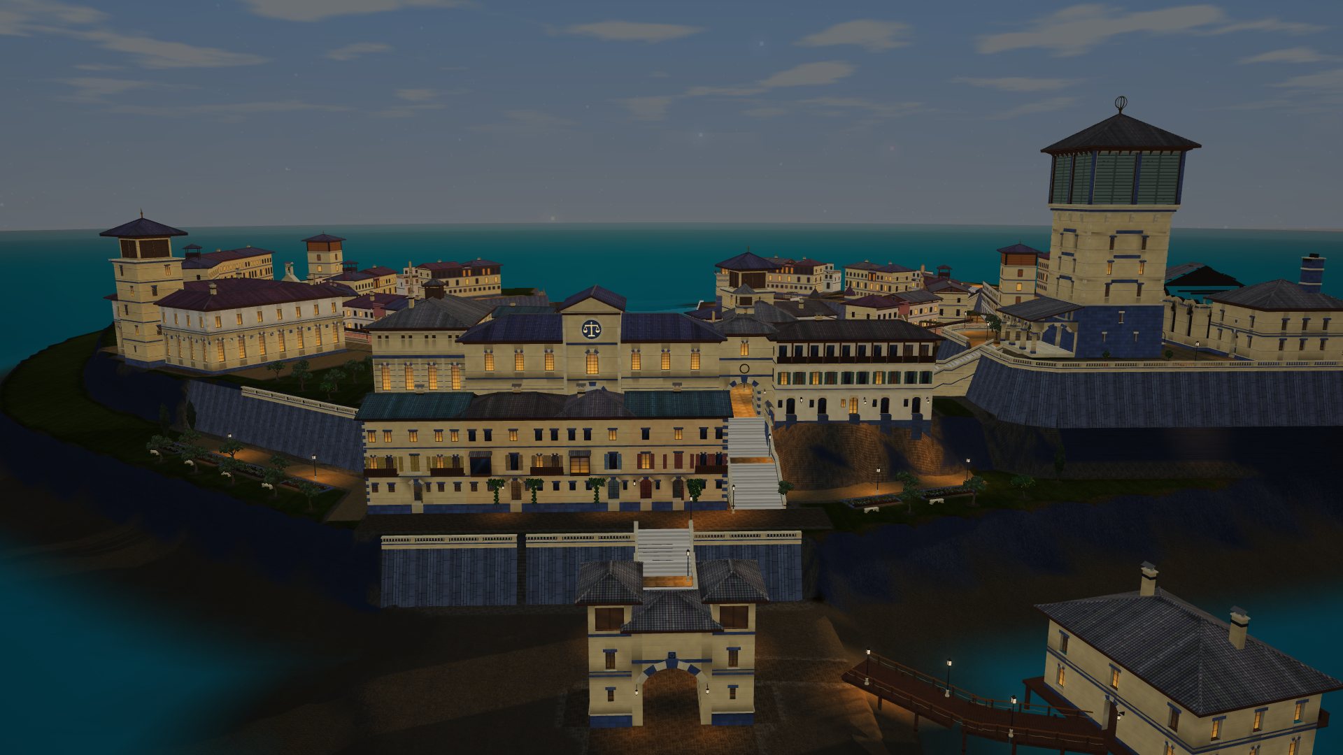 Moonmere's towers at the end of the day.