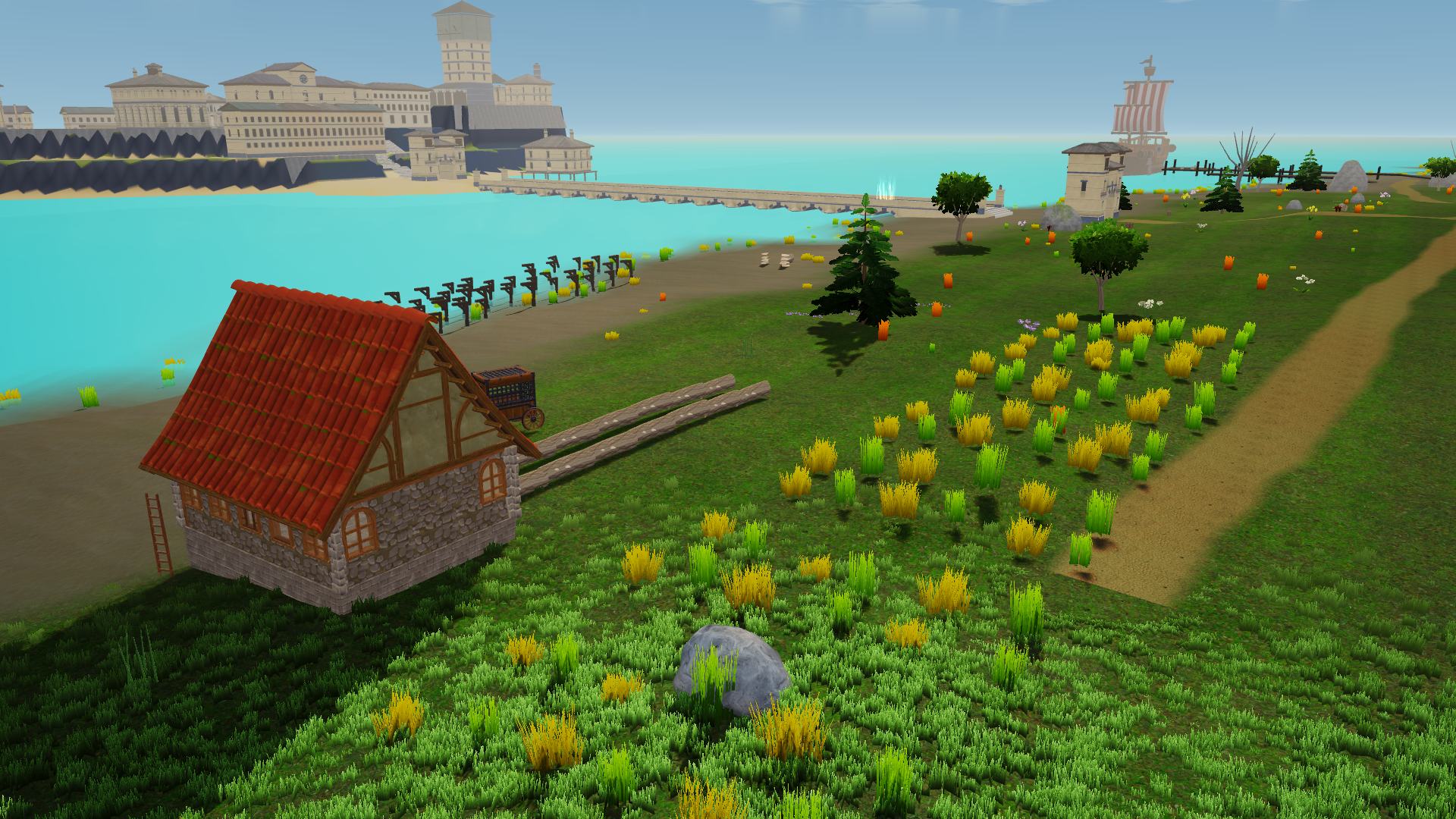 A farm on the shore, with Moonmere across the water.
