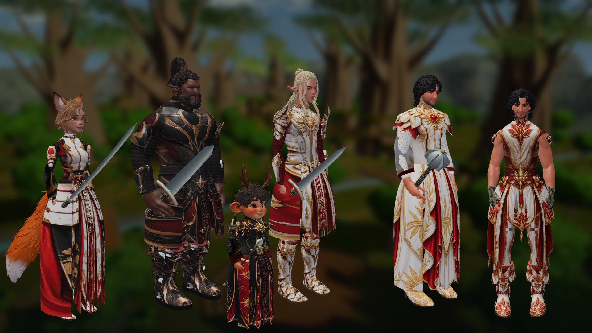 Samurai, Dark Knight, Black Mage, Paladin, White Mage and Monk in their guild gear, across all five races.