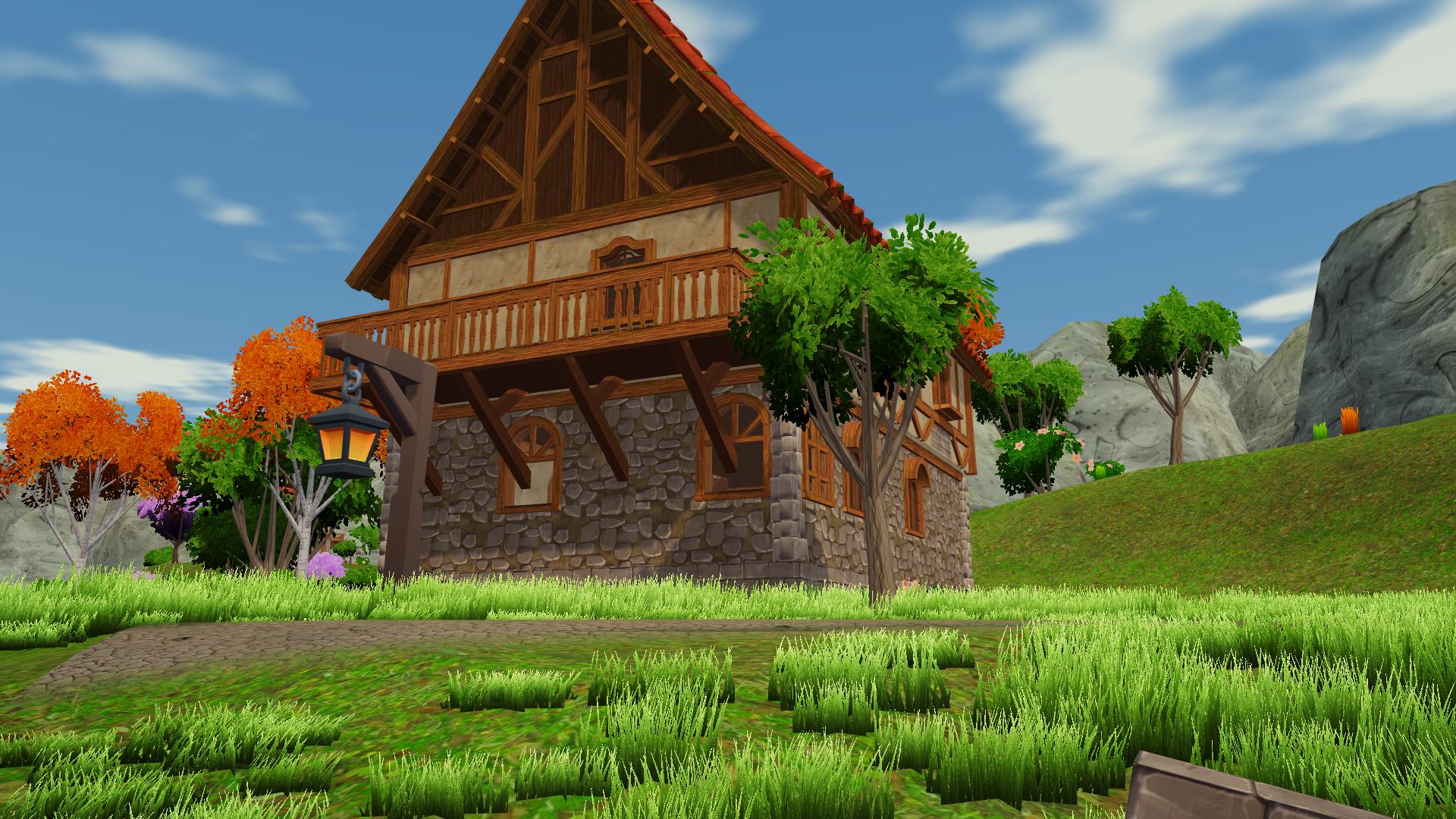 A timbered villa among autumn trees.