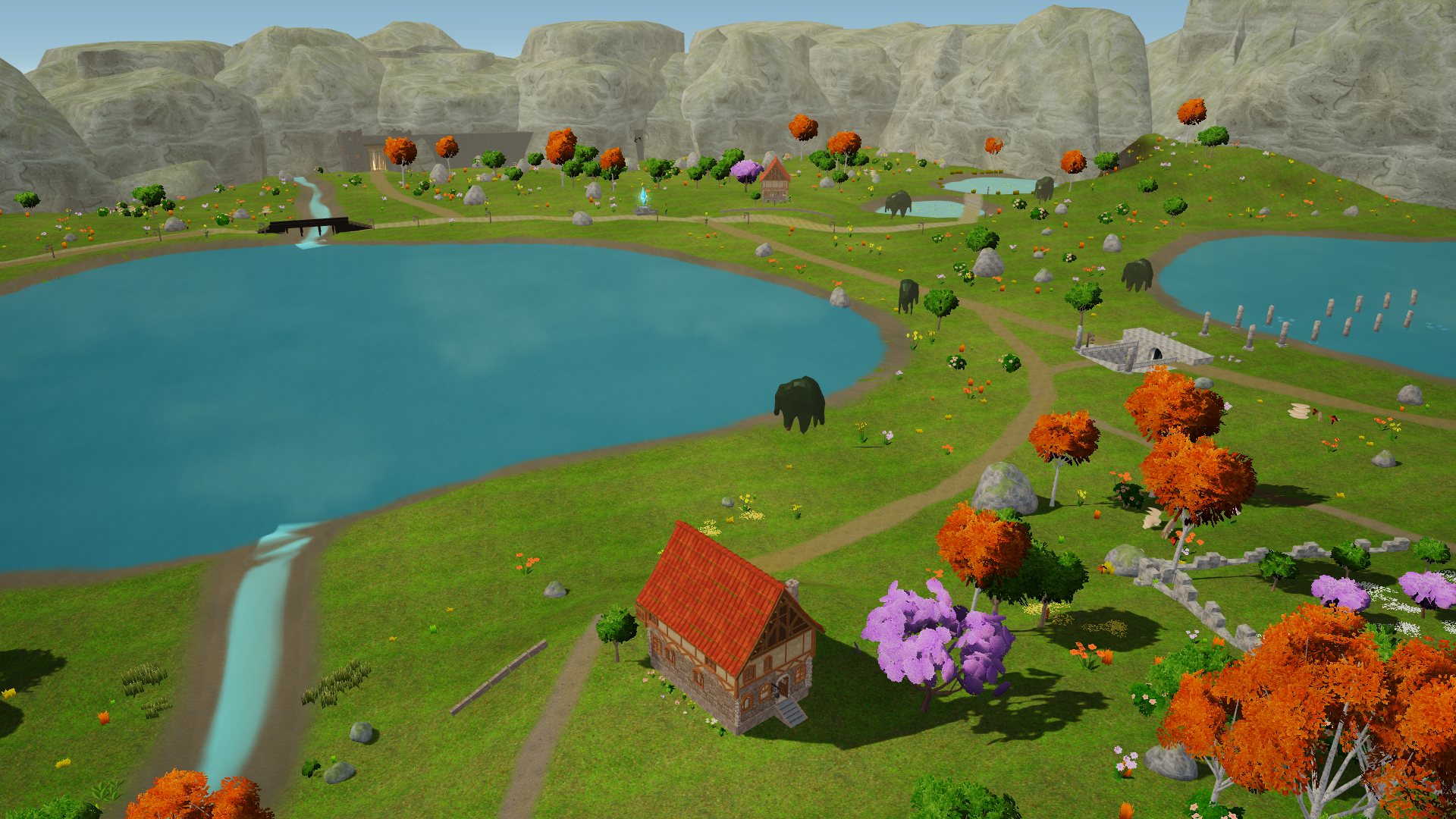 Lakes and orange woods seen from above.