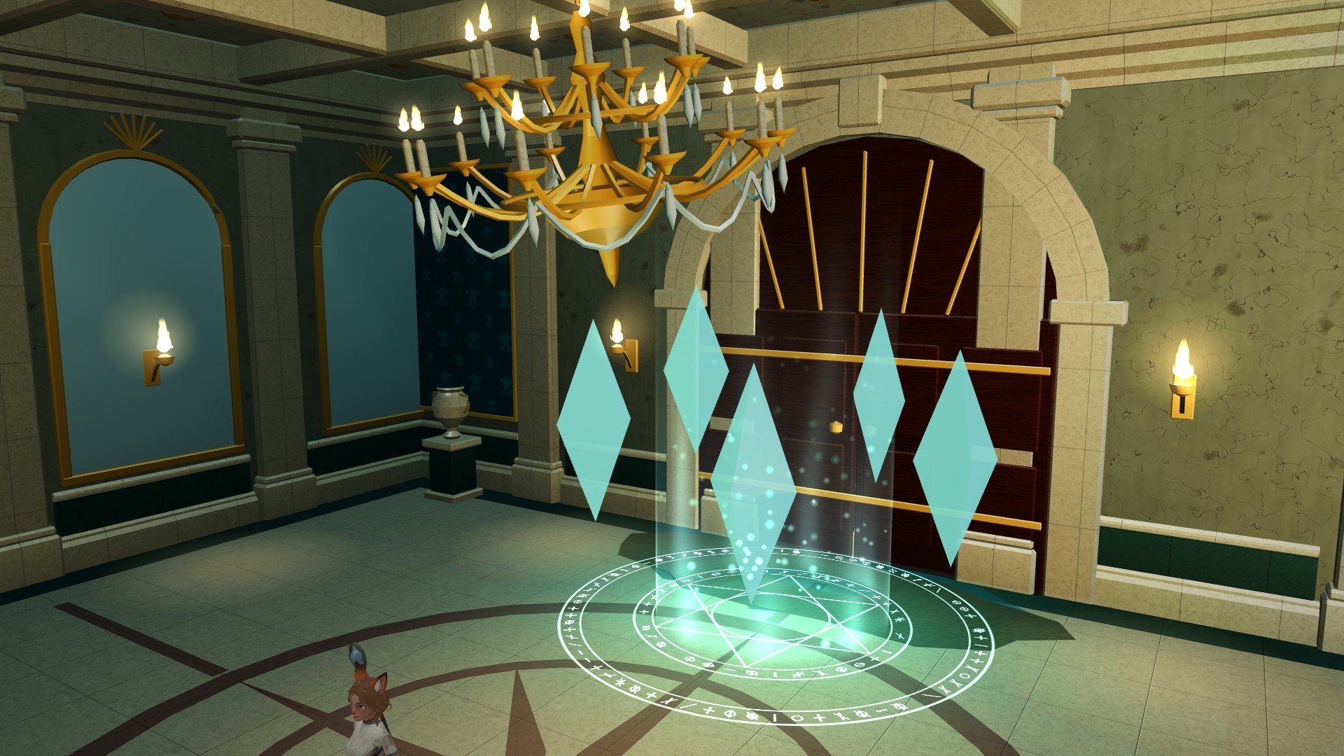 A crystal under the chandeliers at the Sunken Ballroom's door.